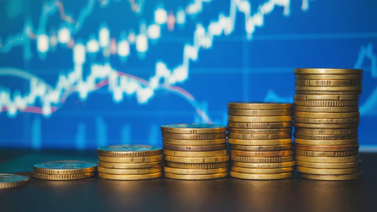 Coins representing financial growth on stock market graph background