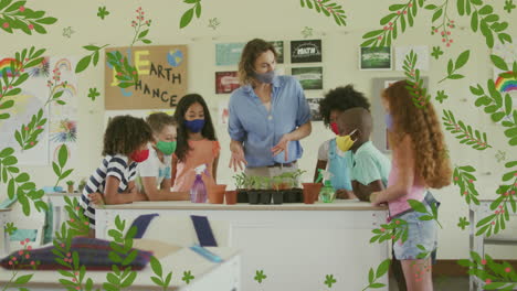 animación de hojas que caen sobre niños felices y diversos con el maestro
