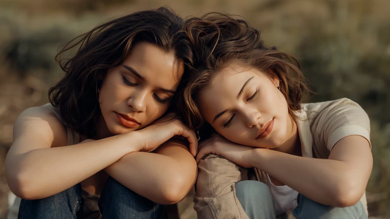 Due donne sedute sull'erba che si riposano, respirano; la donna a destra apre gli occhi, indossa jeans e orecchini a lobo