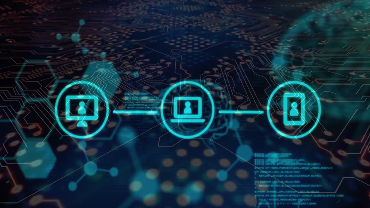 Animation of data processing and network of connections over black background