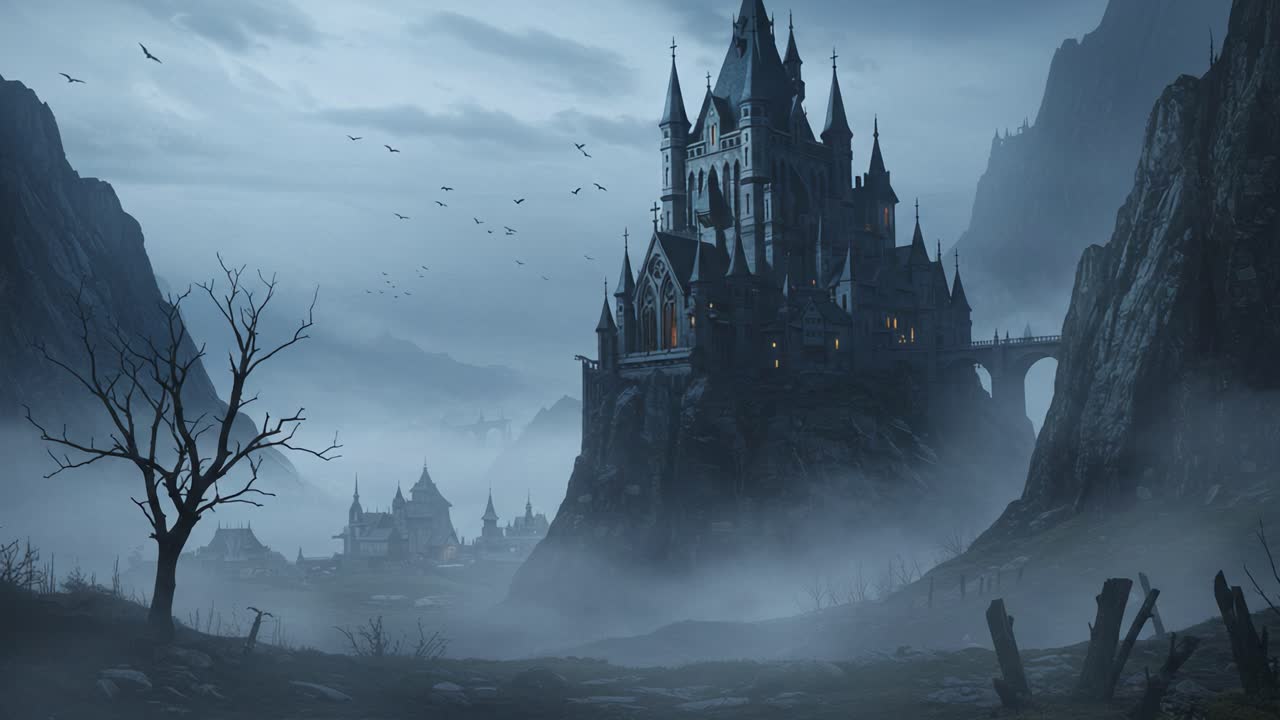 A hauntingly beautiful castle looms in the misty mountains, shrouded in fog and mystery, surrounded by dark trees and an eerie landscape that captivates the imagination