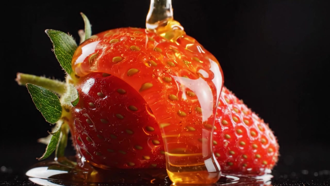 Une fraise fraîche scintillante de miel doré, capturée avec des détails époustouflants, mettant en valeur sa texture riche et son attrait juteux qui la rendent irrésistible et délicieuse.