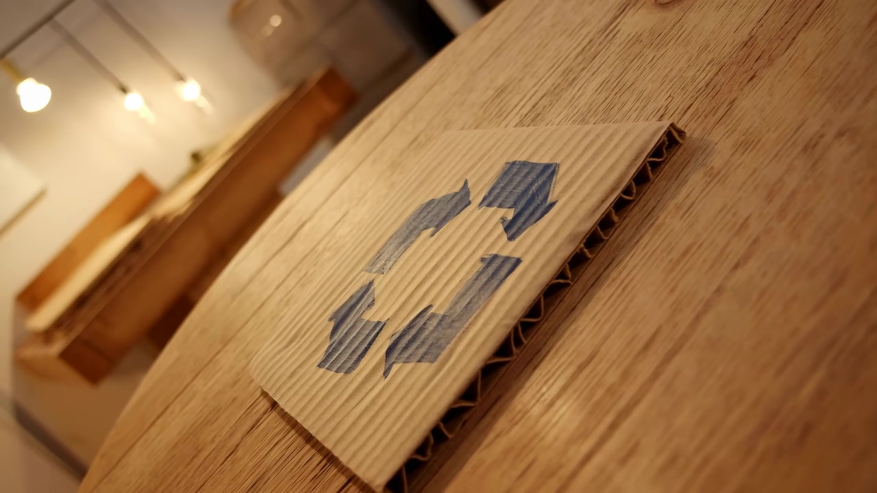 Low angle view of corrugated cardboard panel painted with blue recycling arrows resting on diagonal oak tabletop, with warm indoor light, soft shadow, natural brown tones, and clean texture