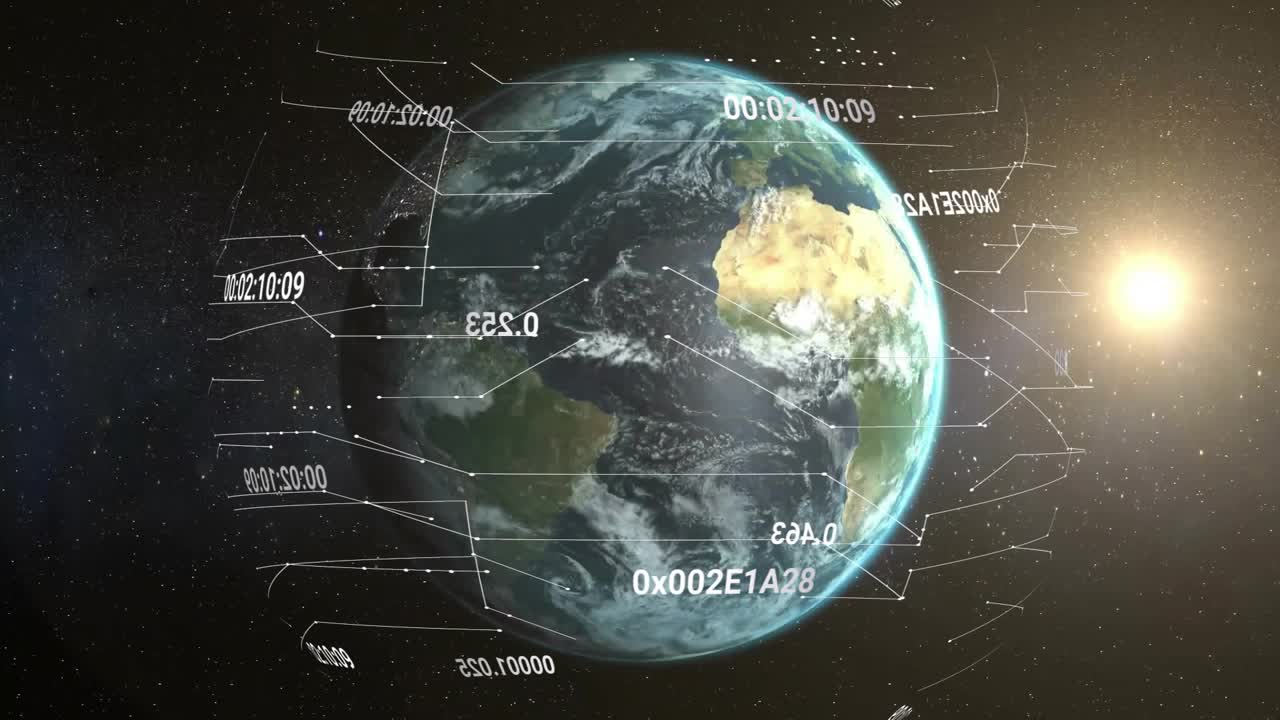 Sollys fremkommer og får Jorden til at rotere med datalinjer, der opdaterer tidsstempler til global sporing.