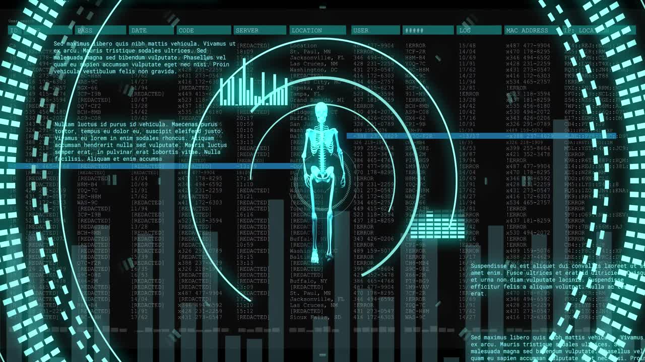 Animation of data processing and human body over scopes scanning