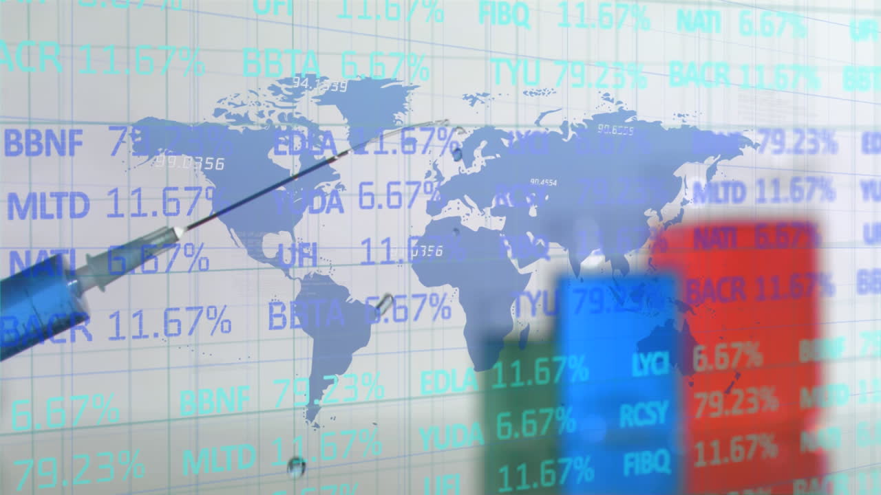 procesamiento de datos del mercado de valores sobre una jeringa con aguja contra el mapa del mundo