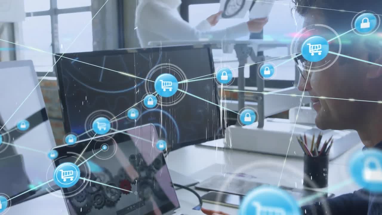animación de la red de conexiones con iconos sobre hombres caucásicos usando tecnología