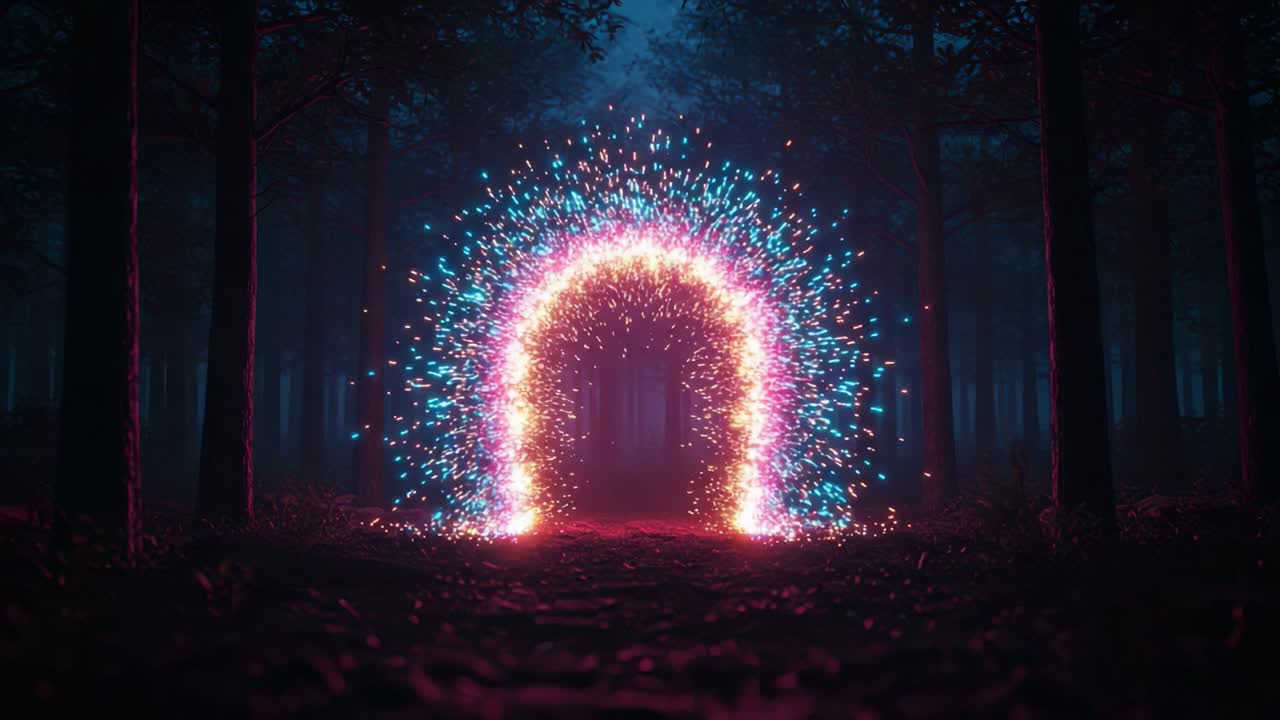 A Captivating Portal of Light: An Enchanting Glow Emerges from the Depths of the Forest, Transforming the Landscape with Vibrant Colors and Intricate Sparks