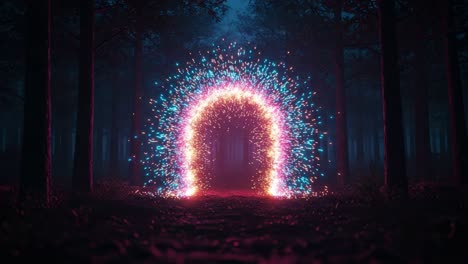 A Captivating Portal of Light: An Enchanting Glow Emerges from the Depths of the Forest, Transforming the Landscape with Vibrant Colors and Intricate Sparks