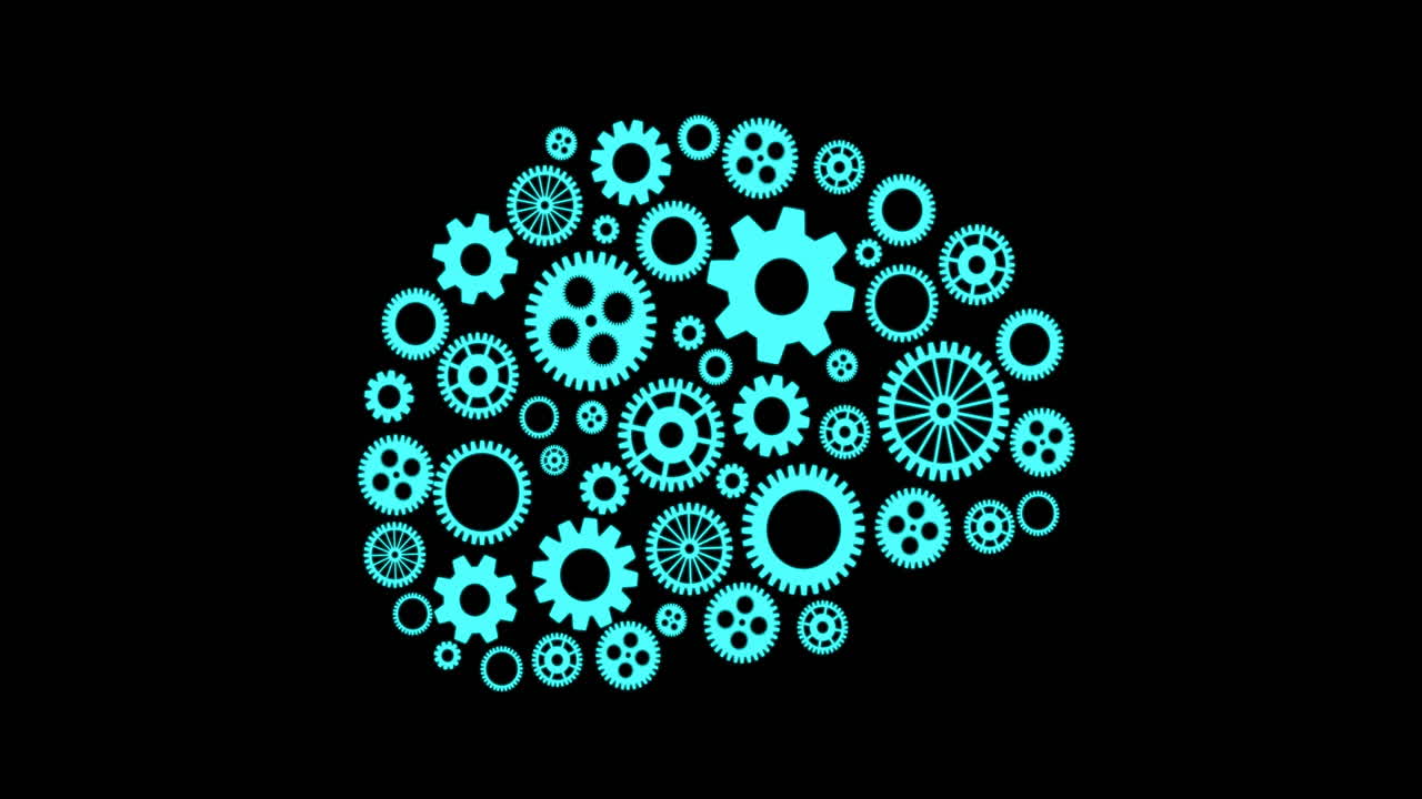 Animation of human brain with cogs and data processing over black background