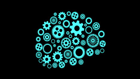 animation of human brain with cogs and data processing over black background