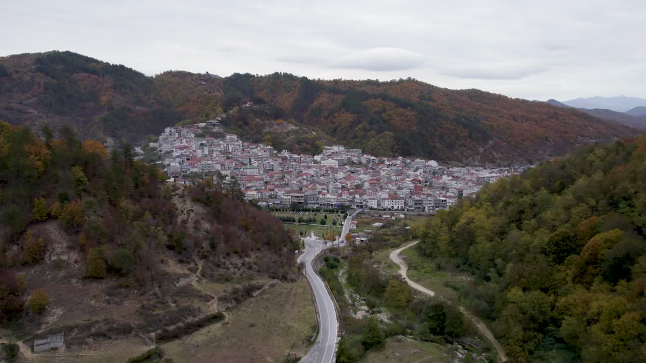 Echinos Pomack Village in Xanthi Greece, Aerial Dolly Shot Country Road Leading to Village Panoramic View