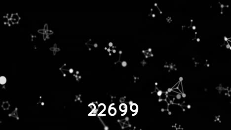 digital animation of increasing numbers over molecular structures floating against black background