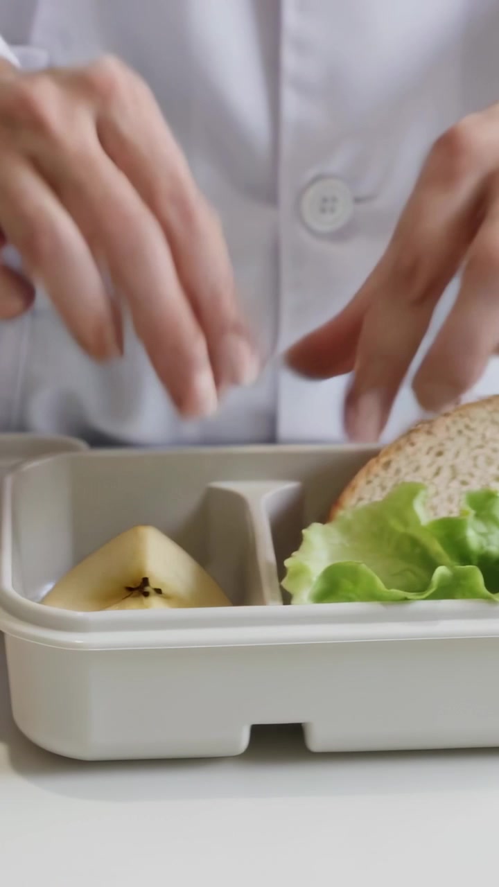 Vertical video: Removing lid, hands in white coat preparing lunch at counter, placing apple wedge