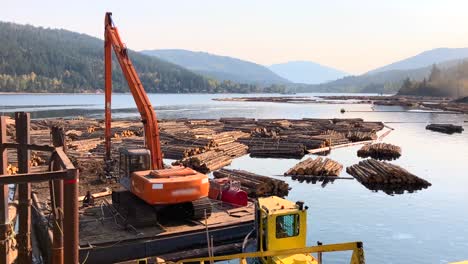 Holzlader-Sitzt-Auf-Lastkahn-Im-Wasser,-Umgeben-Von-Schwimmenden-Baumstämmen-Im-Sägewerk