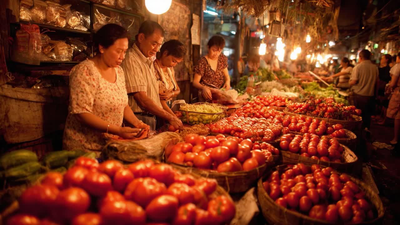 Vibrant Marketplace: A Colorful Display of Fresh Vegetables and Produce in a Bustling Market Environment with Engaged Vendors and Customers