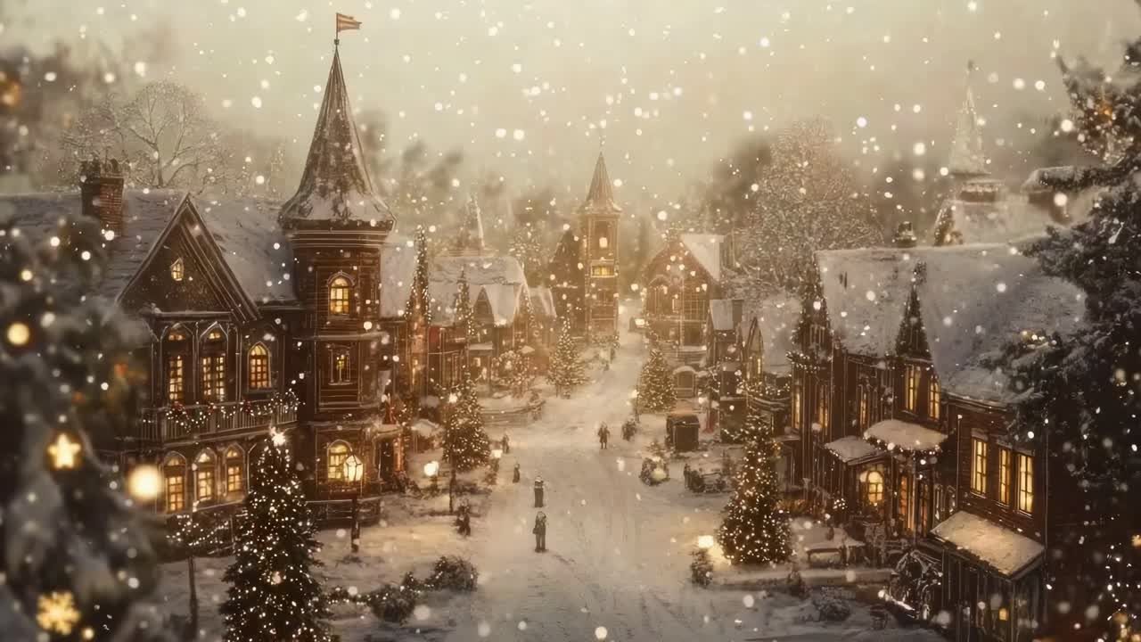 Aerial view of a snowy, festive village with warm lights and falling snow, creating a cozy holiday