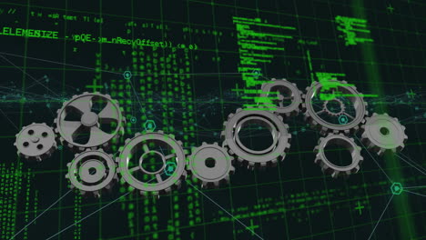 animation of cog wheels and network of connections over data processing on black background