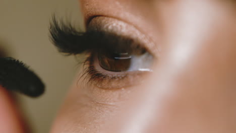 woman applies mascara on artificial lashes with brush macro