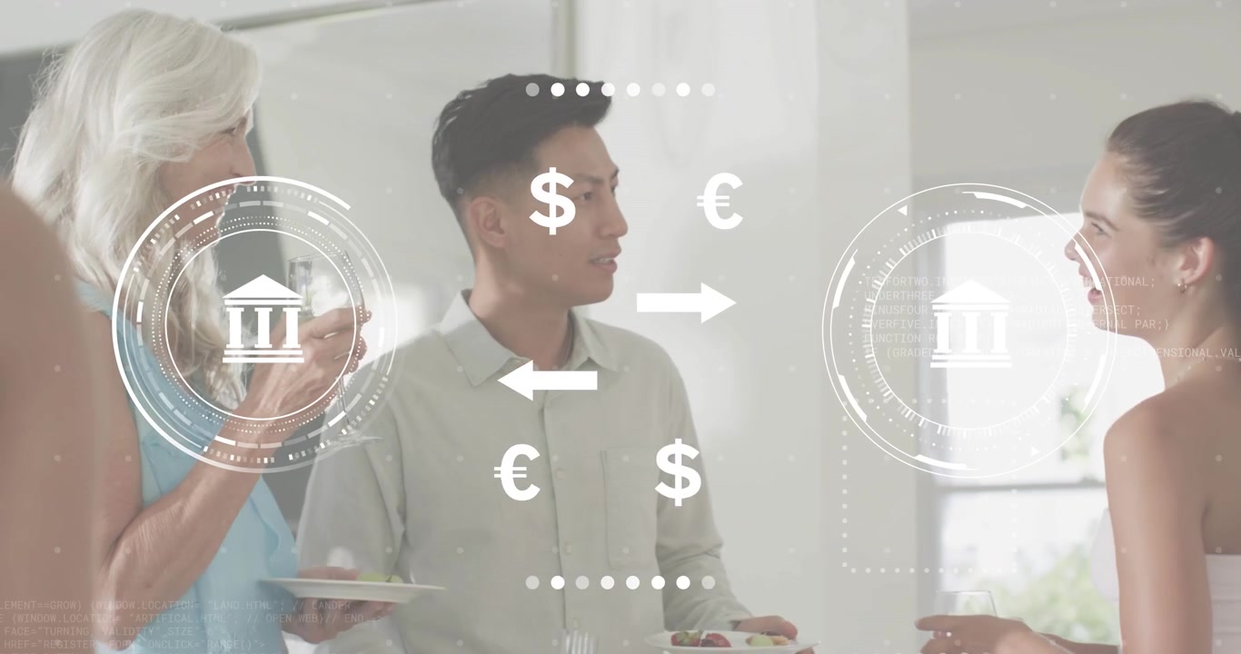 Gruppo di tre persone che chiacchierano in cucina, con sovrapposizione grafica di conversazione e icone bancarie a rotazione per la finanza.