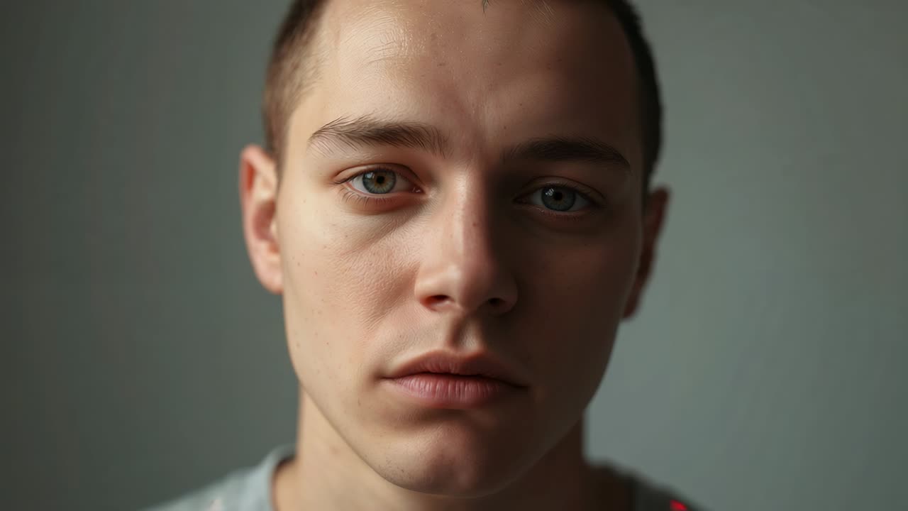 Recording, man holding pose, making gaze shifts for portrait in studio against wall, gray tee
