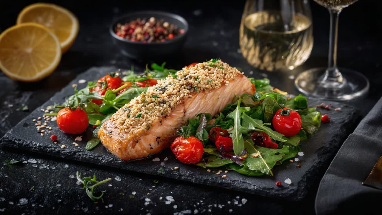 Deliciously Baked Salmon Fillet with Crunchy Topping Served on a Bed of Fresh Greens and Cherry Tomatoes, Accompanied by a Glass of White Wine