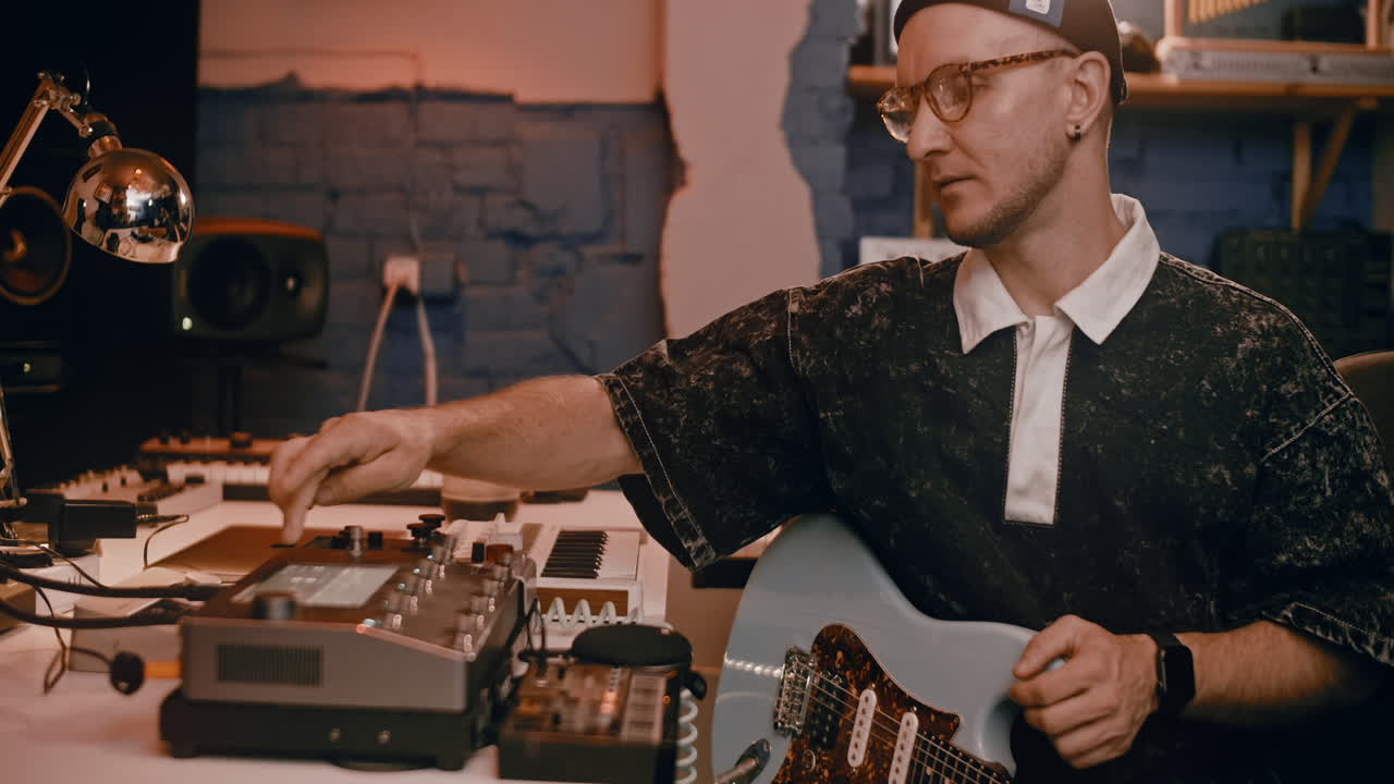 Musician Playing Electric Guitar in a Recording Studio