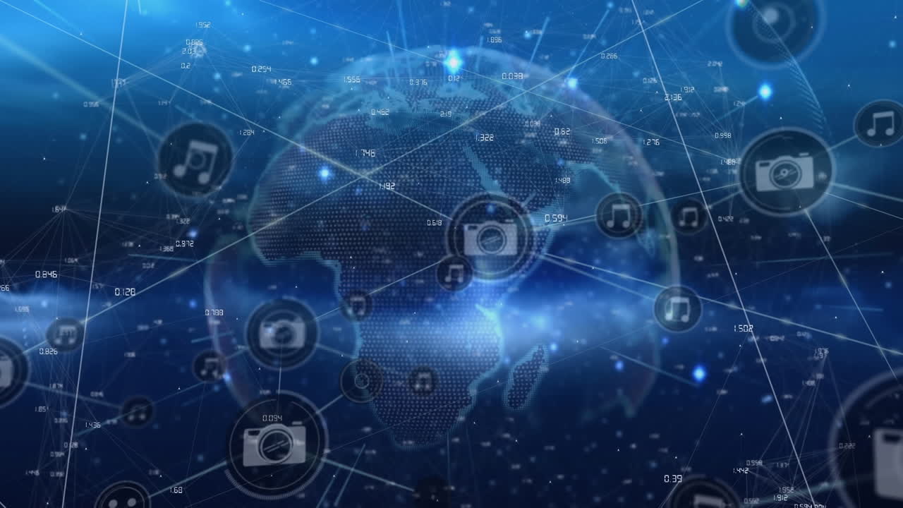 Animation of network of digital icons and light trails over spinning globe against blue background