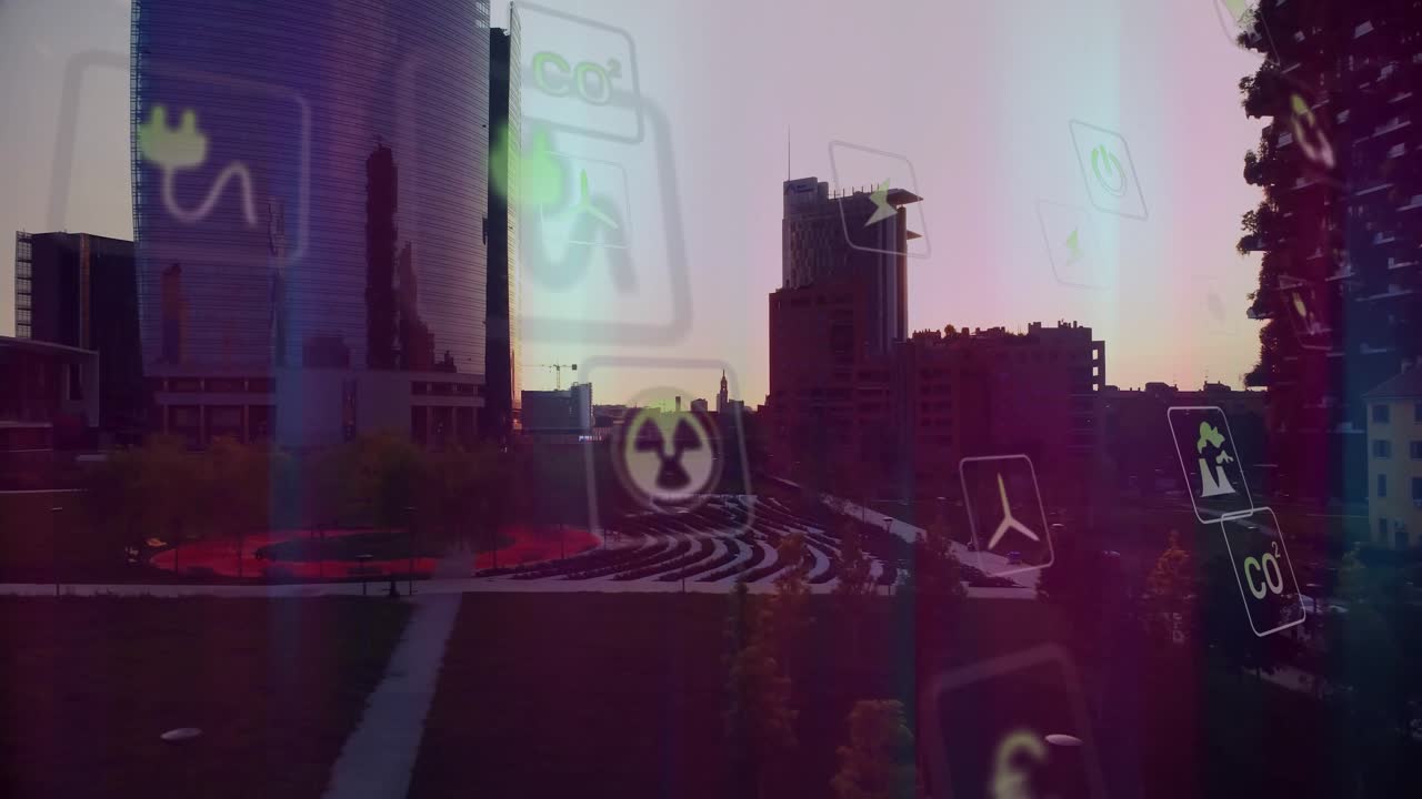 Sun climbing above horizon causing eco energy icons drifting across mid-rise silhouette and plaza