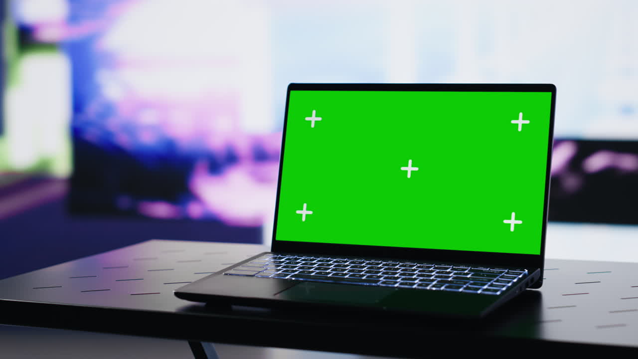 Empty scene with a pc showcasing copy space display next to artistic lights