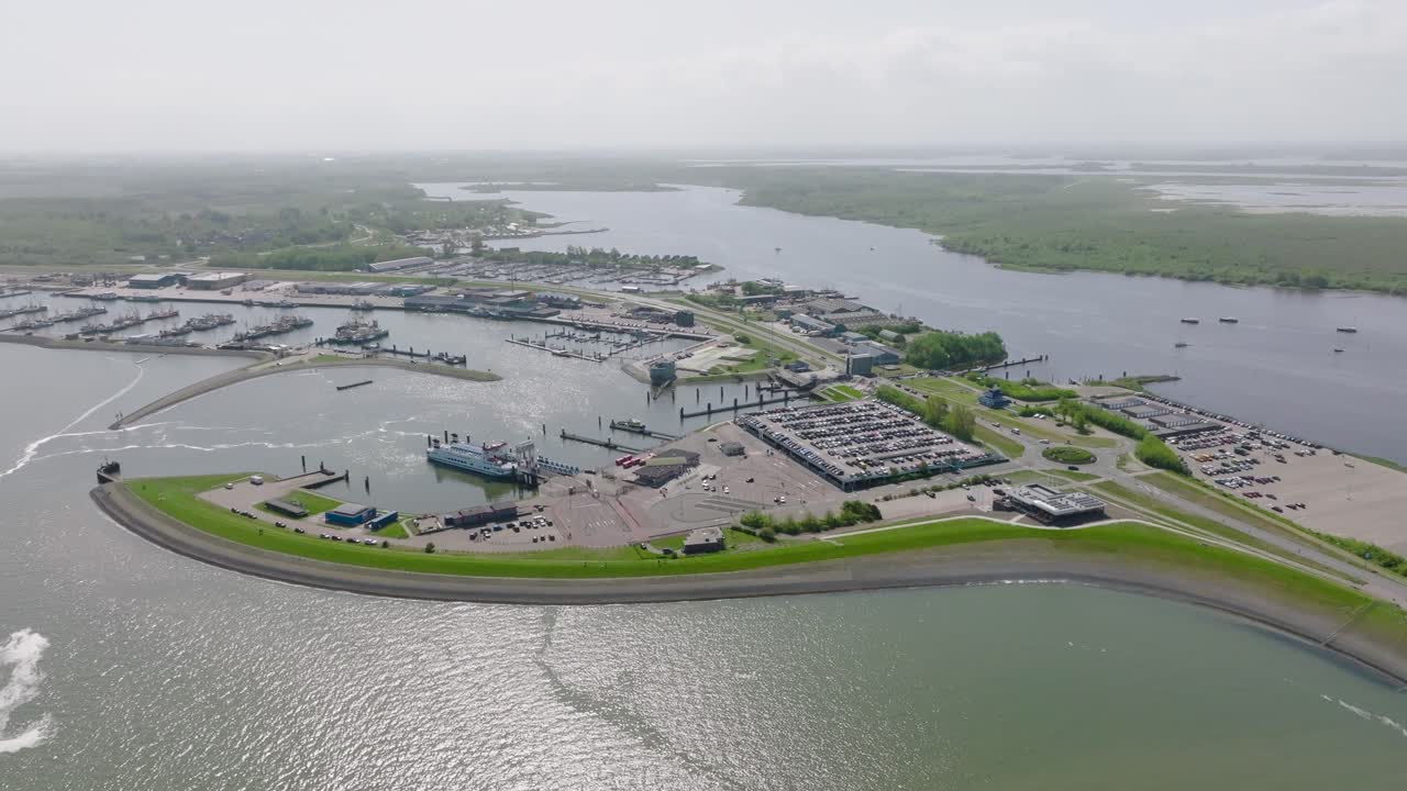 An aerial wide view of the Dutch port of Lauwersoog on a sunny day. netherlands