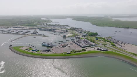 an aerial wide view of the dutch port of lauwersoog on a sunny day. netherlands