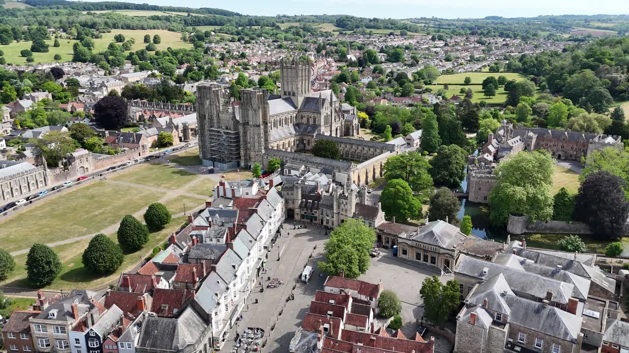 Wells Cathedral and Market place Somerset UK drone,aerial