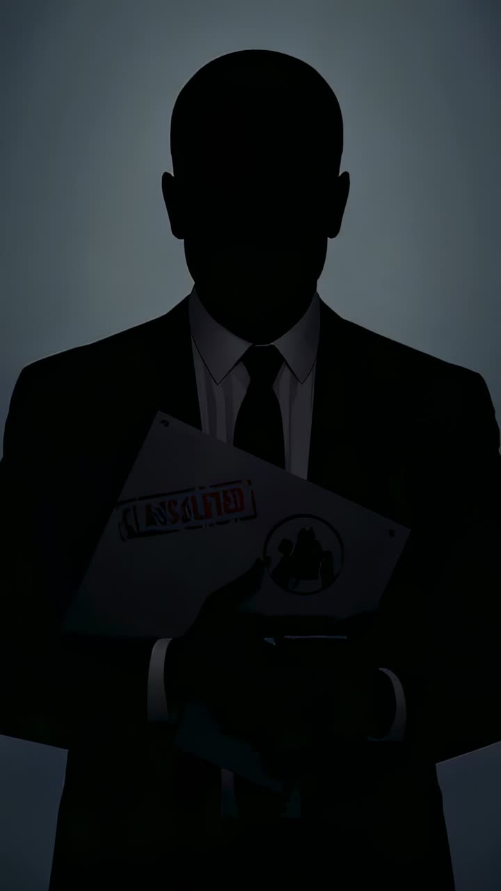 Vertical video: Backlight rising suited man showing stamped folder and checking phone in studio