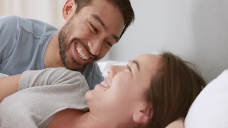 couple hug, happy love and smile for play in bed