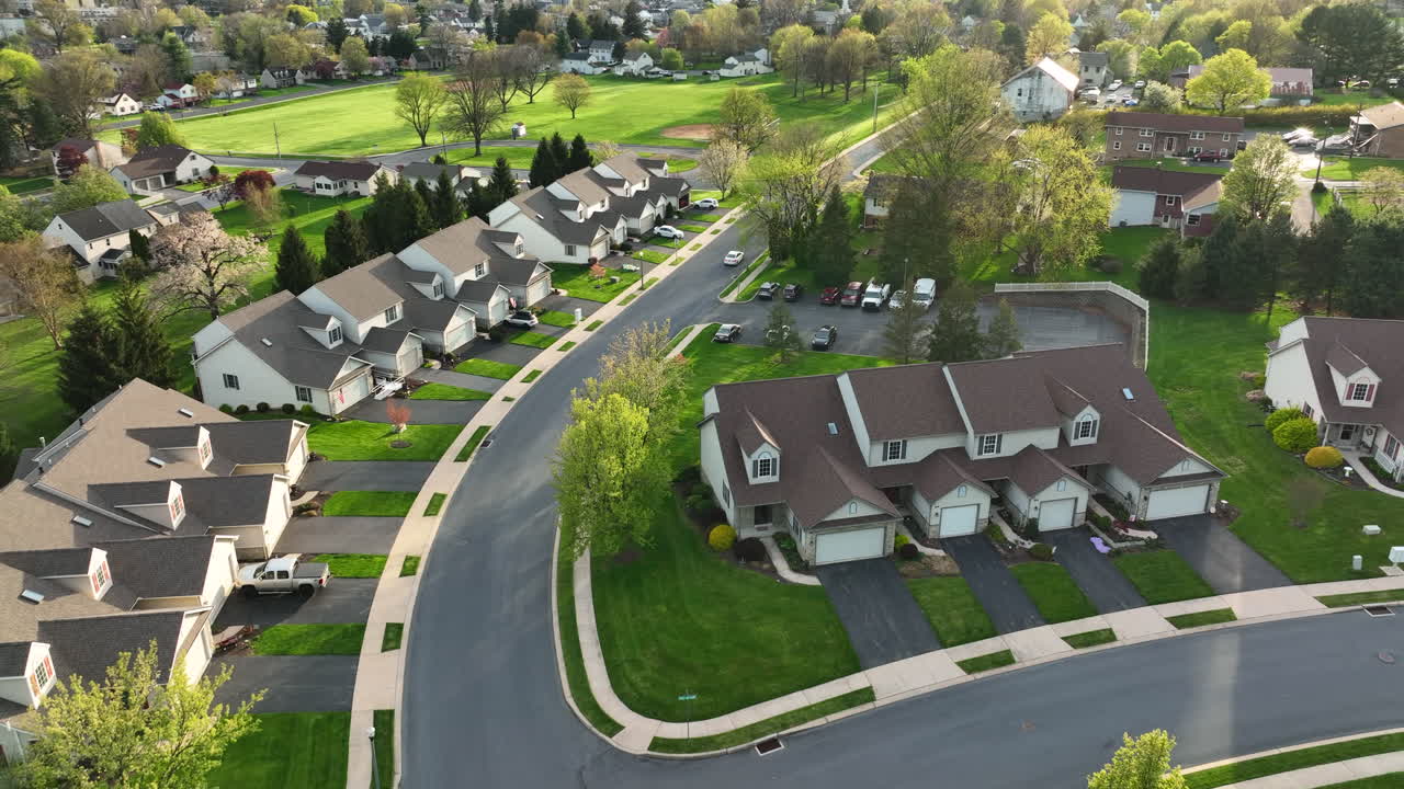 Townhouses and sidewalk in small town America