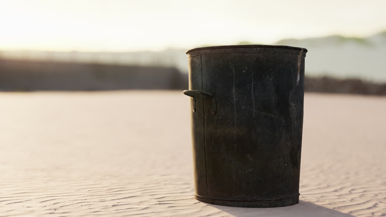 Gray metal garbage bin or trash can on the beach