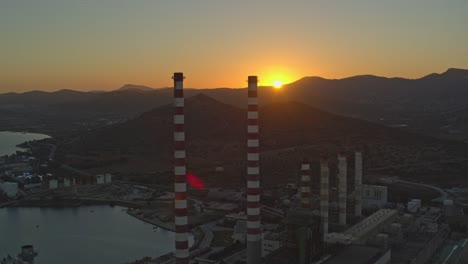 Aerial---Electricity-Power-Plant-in-Lavrio,-Greece-at-sunset---Shot-on-DJI-Inspire-2-X7
