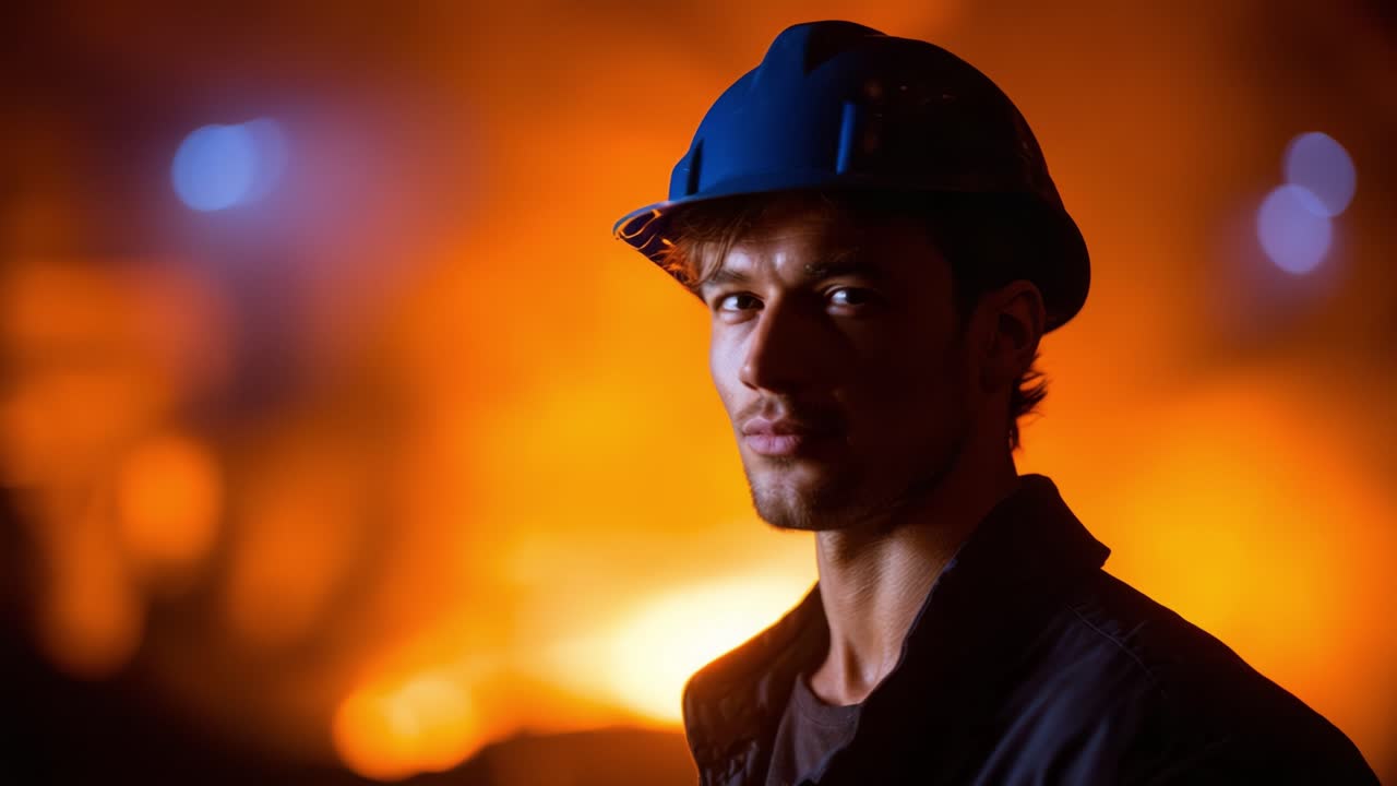 En faglært arbejder står fokuseret mod en baggrund af levende industriflammer, hvilket viser modstandsdygtighed og beslutsomhed i et udfordrende miljø.
