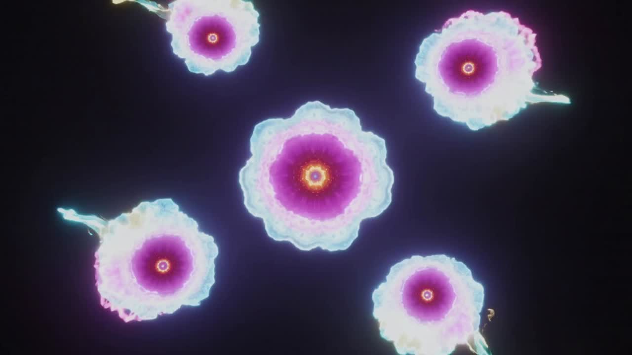 Brightening center causing five mandalas pulsing, forming star with electric tendrils against void