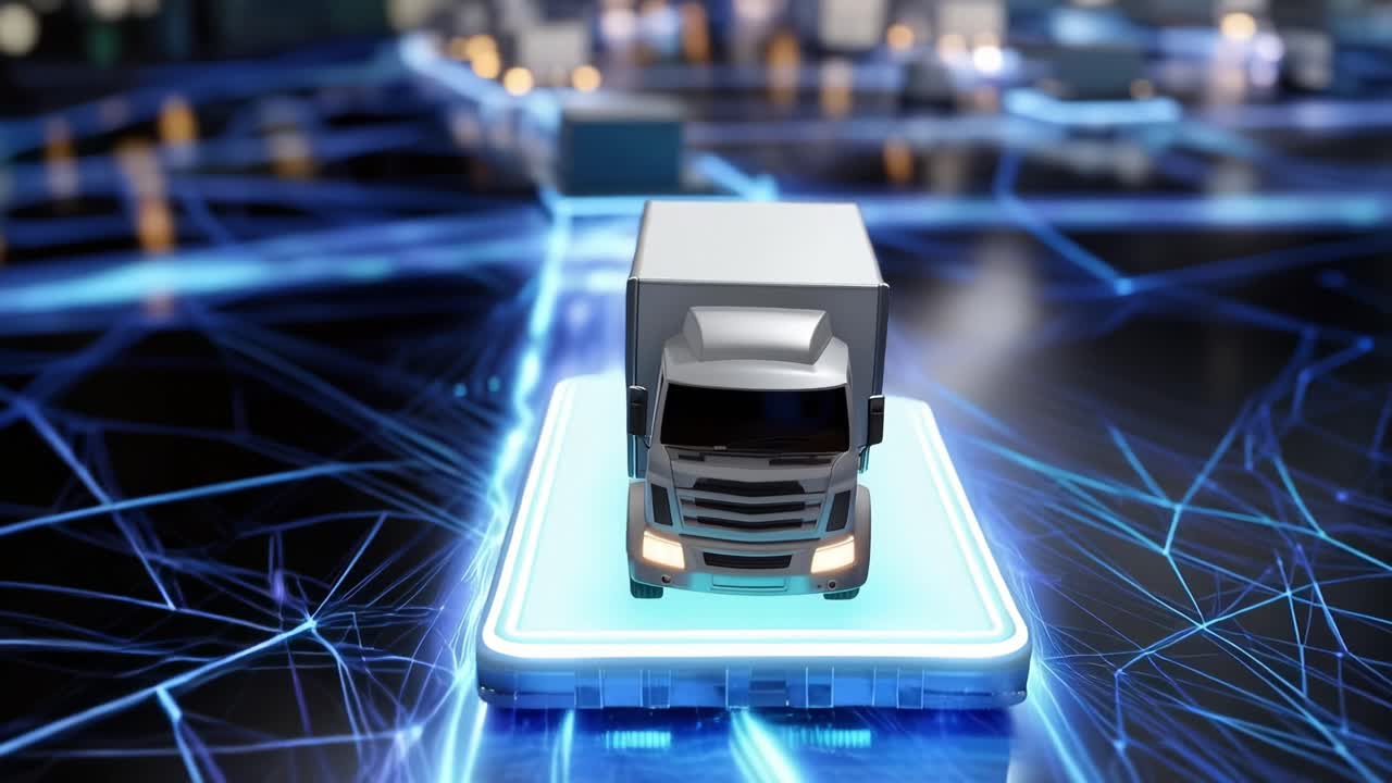 Una rete di trasporto digitale con camion su una strada futuristica, dotata di connessioni ottiche e luci della città in bokeh luminose sullo sfondo.