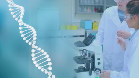 animación de la cadena de adn girando sobre los científicos en el laboratorio