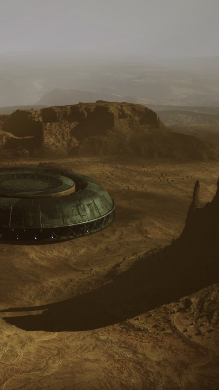 Large flying saucer above rocky desert landscape during daylight hours