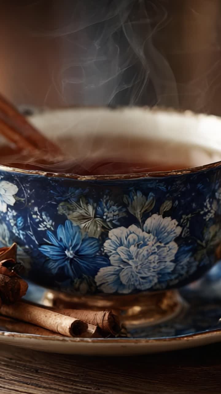 Una tazza da tè floreale finemente realizzata, circondata da aromatici bastoncini di cannella, fumante di tè appena preparato, che crea un'atmosfera accogliente e invitante