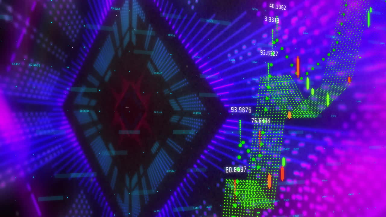 Neon purple blue hexagonal waveform glowing, visualizing data points and candlesticks in 3D render