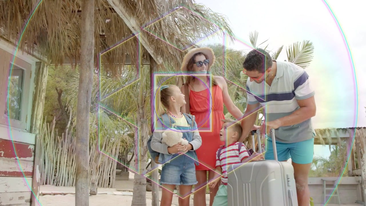 Padre sujetando la maleta, familia preparando la mudanza a la cabaña de playa, un prisma se desplaza sobre ellos para el viaje.