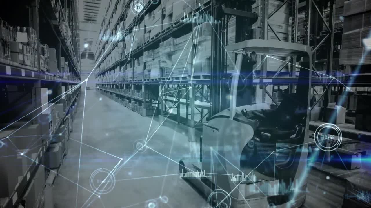 composición de almacén camión elevador en el almacén combinado con la animación de los conectados