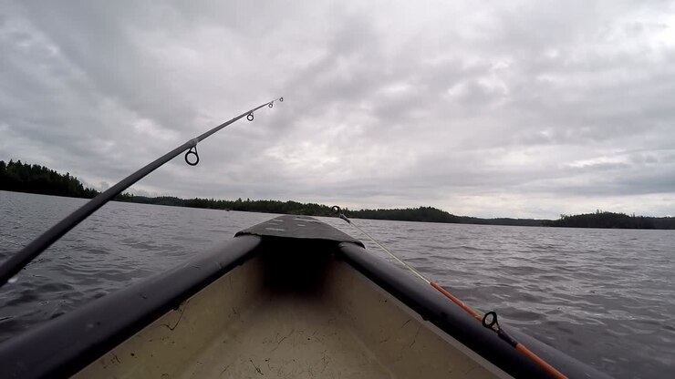 GoPro montata sulla prua di una canoa che pagaia in acque aperte nell'Ontario settentrionale, Canada. Costa distante con abeti rossi, piccole onde sulla superficie, punte di canne da pesca visibili sotto un cielo estivo luminoso.