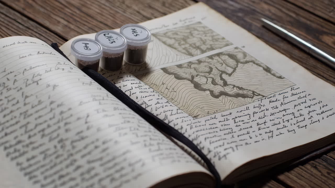 Antique Notebook with Handwritten Notes, Maps, and Seed Samples