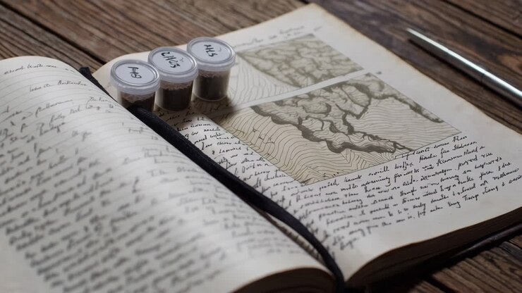 Antikes Notizbuch mit handschriftlichen Notizen, Karten und Samenproben